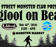 green bakcgroudn with bigfoot silhouette and "beale street monster club presents: bigfoot on beale may 16, 2026 11am -6Pm @ monster market at A. Schwab on Beale St" 