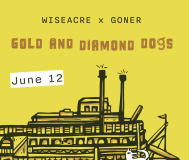 gold and diamond dogs on a yellow background with a drawing of a riverboat