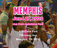 Boom Ball, Memphis, June 26, 2026 in pink letters over a picture of a crowd of baseball fans