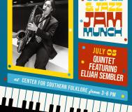 first sunday gospel & jazz jam in bold, blue yellow and red font