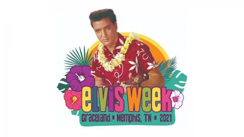 Elvis Week logo with multi colored letters and Elvis in a Hawaiian shirt and lei