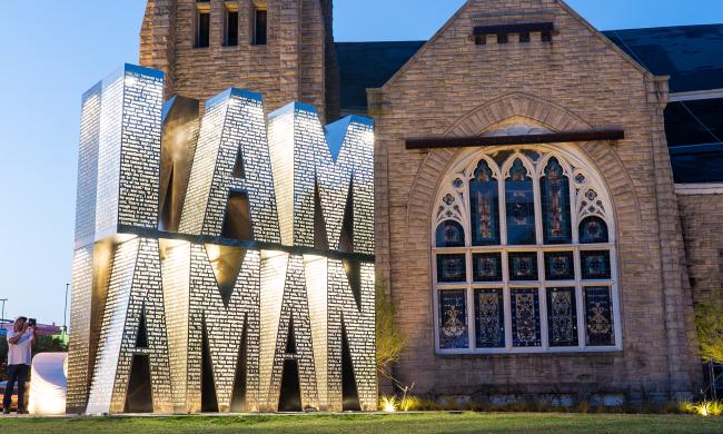 I AM A MAN plaza, showing the former Clayborn Temple in the background with the I AM A MAN statue in front of it.