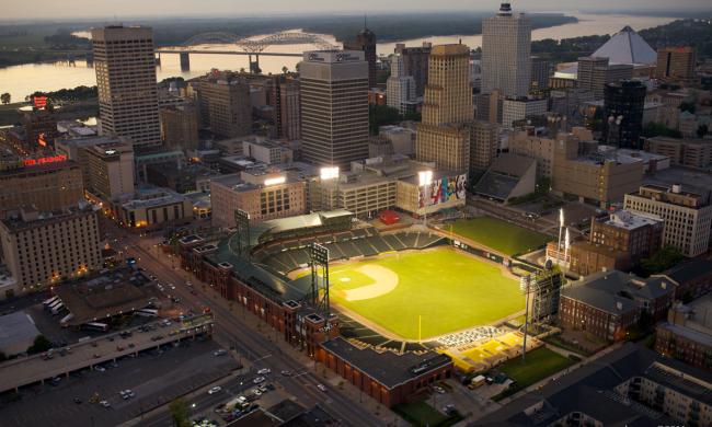 Aerial view of Downtown Memphis and AutoZone Park.