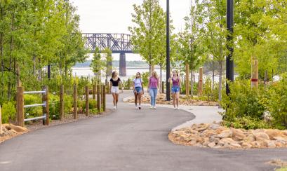 Group walking the pathways at Tom Lee Park