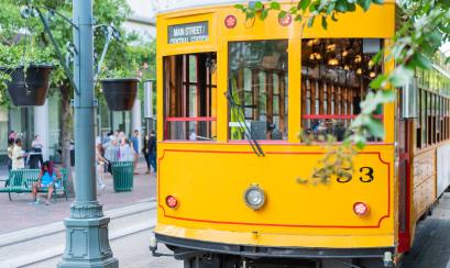 exterior front of yellow trolley