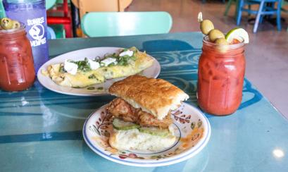 biscuit and omellet and Bloody Mary at sunrise
