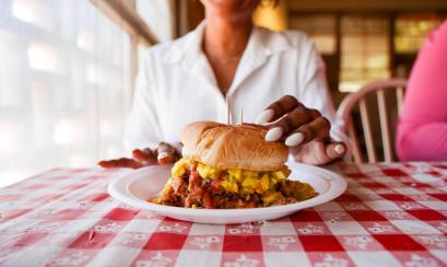 A close-up shot of a pulled pork sandwich at Payne's Bar-B-Q in Memphis