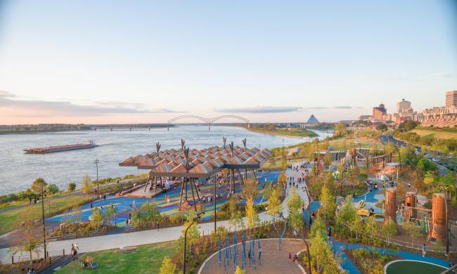 Aerial view of Tom Lee Park, the Mississippi River and the downtown Memphis skyline.
