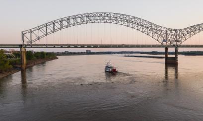 Aerial view of the Mississippi River and bridge