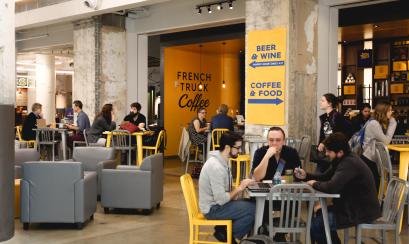 cafe for French truck coffee with people seated at tables