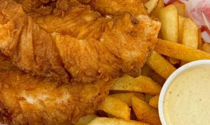 Marlowe's chicken tenders with fries and sauce.