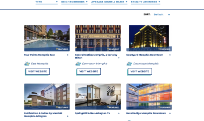 Screengrab of Hotel Landing Page showcasing Memphis Hotel listings on MemphisTravel.com
