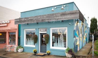 blue storefront for Falling Into Place