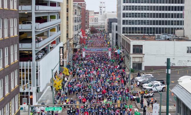 Overhead view of runners of the St. Jude Marathon in the streets of Memphis
