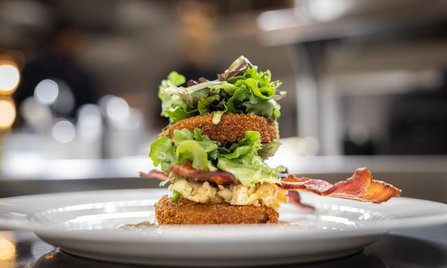 BLFGT SALAD (A fried green tomato style sandwich) from Felicia Suzanne's plated on a dish.