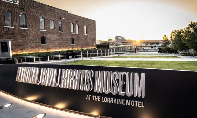 newly renovated founders park with national civil rights museum sign