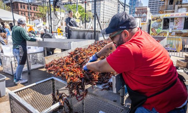 A man pouring crawfish into a bin at Rajun Cajun Crawfish Festival.