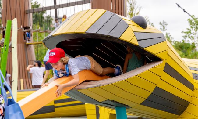 A child climbing on a large lizard-shaped feature of the river-themed playground at Tom Lee Park