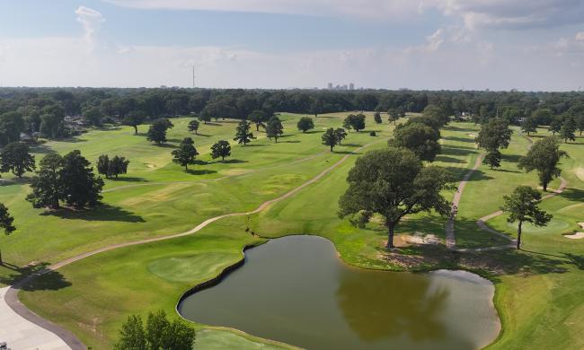 aerial of The Links at Pine Hill golf course along lake