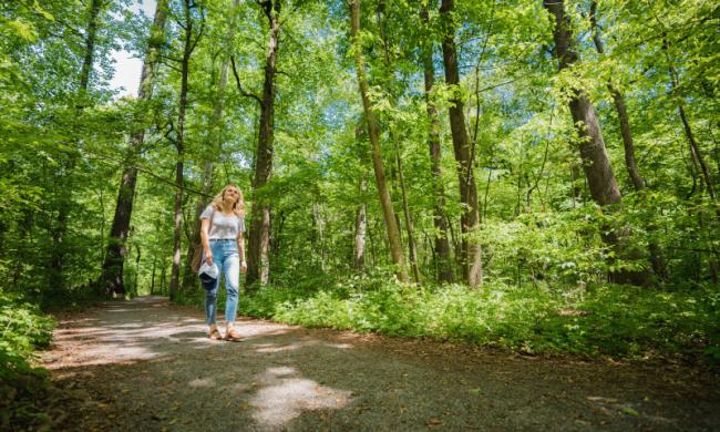 A woman walking the Old Forest trails at Overton Park.
