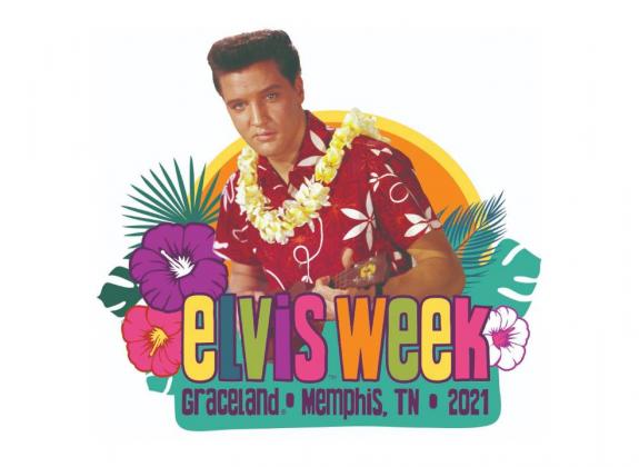 Elvis Week logo with multi colored letters and Elvis in a Hawaiian shirt and lei