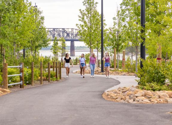 Group walking the pathways at Tom Lee Park