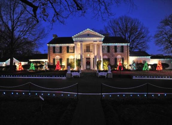 graceland lit up with Christmas lights