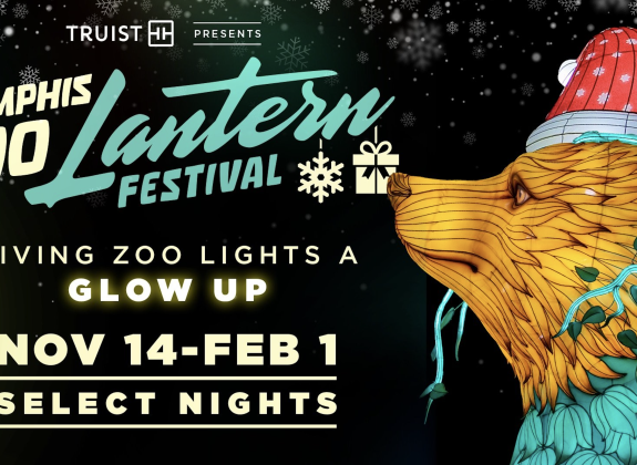 Black background with Memphis Zoo Lantern Festival type and an orange bear in a santa hat and blue flur