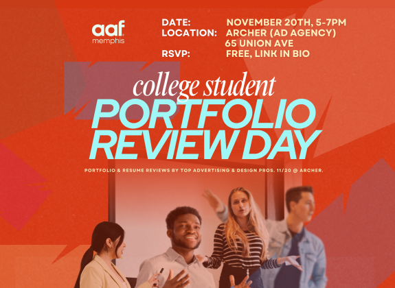 "AAF College student Portfolio" with red background and pictures of 4 studnets beneath