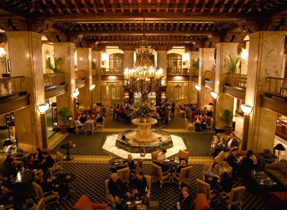 interior shot of peabody lobby with duck fountain