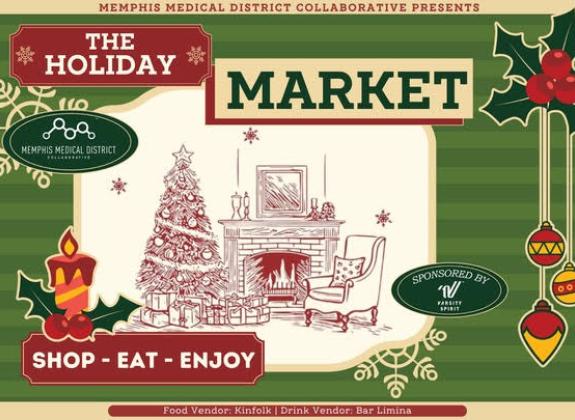 The Holiday Market: Green background with mistletoe and ornaments and a picture of a christmas tree and fireplace with lots of presents