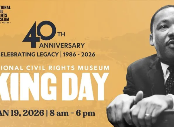Martin Luther King Jr against a yellow background with the "NCRM King Day Jan 19 8am-6pm" infromation typed out in black and white font