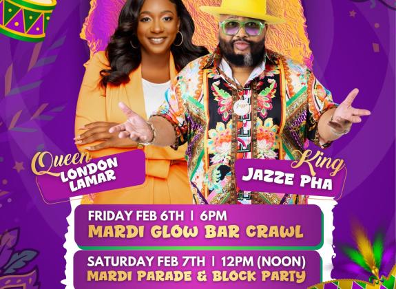 an african american man and woman dresssed in bright yellows and greens in front of a purple, yellow, and green mardi gras themed background