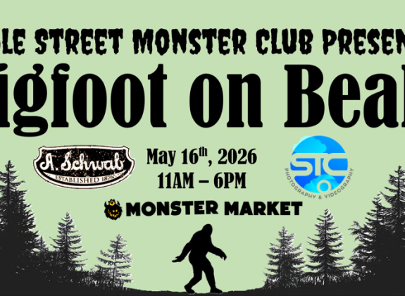 green bakcgroudn with bigfoot silhouette and "beale street monster club presents: bigfoot on beale may 16, 2026 11am -6Pm @ monster market at A. Schwab on Beale St" 