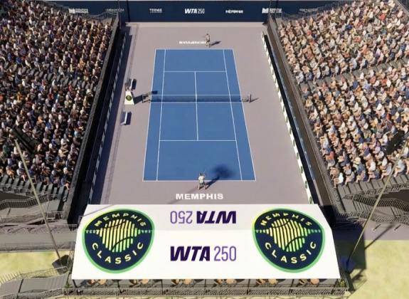 wide shot of a tennis court from above with people filling the stands