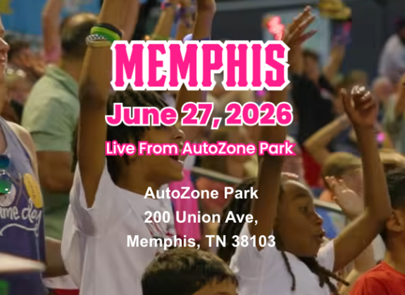 Boom Ball, Memphis, June 26, 2026 in pink letters over a picture of a crowd of baseball fans