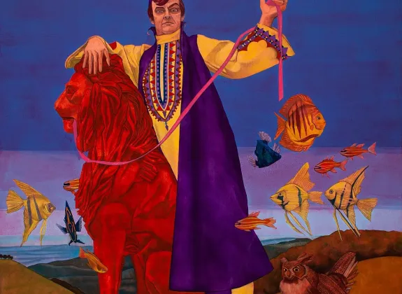 cartton picture of man in cone hat, wearing a purple robe  riding a red lion