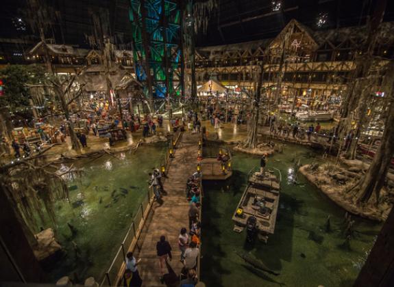 bridge over pond inside bass pro shops at the pyramid