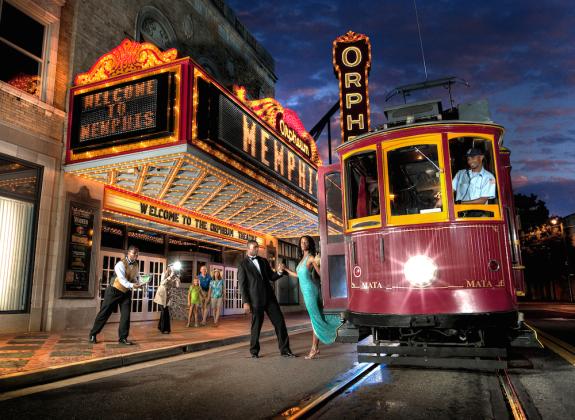 Trolley outside orpheum theatre