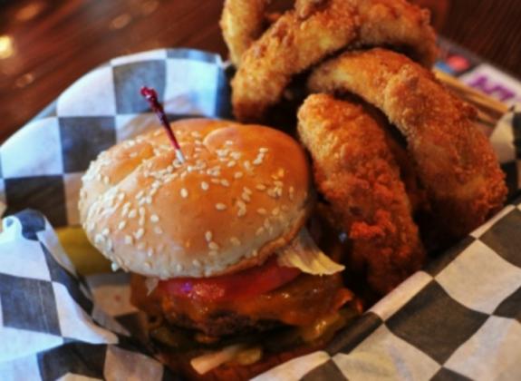 Awesome burgers and onion rings at Huey's. Photo by Andrea Zucker. Photo