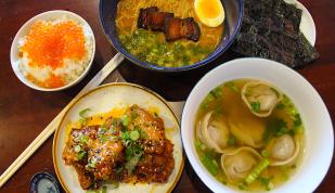 spread of ramen, rice, wontons, chicken at Good Fortune