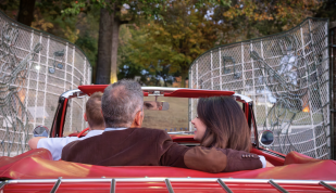 couple sits in red convertible driving through graceland gates