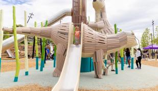 A slide swoops down from an otter-themed playground structure at Memphis' Tom Lee Park