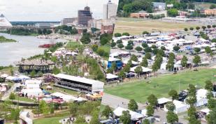 A split image of aerial shots of both the SmokeSlam on the Mississippi River and the World Championship Barbecue Contest at Liberty Park.