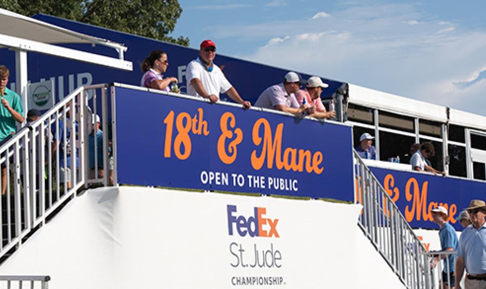 Spectators gathered at the 18th &amp; Mane public viewing stands at the 18th hole at TPC Southwind for the FedEx St. Jude Championship.