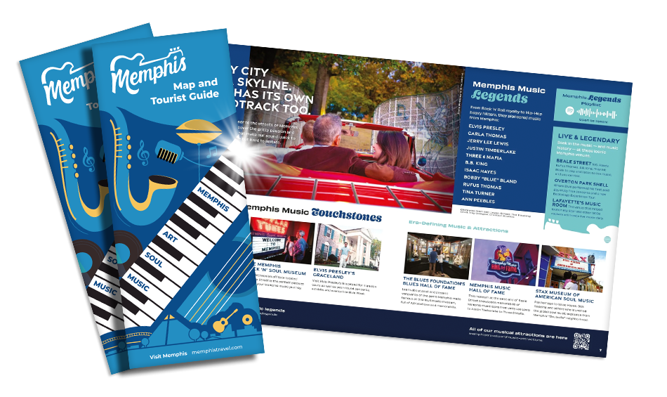A preview of the 2026 Memphis Map &amp; Tourist Guide, showing the cover and one inside spread on Memphis music legends.