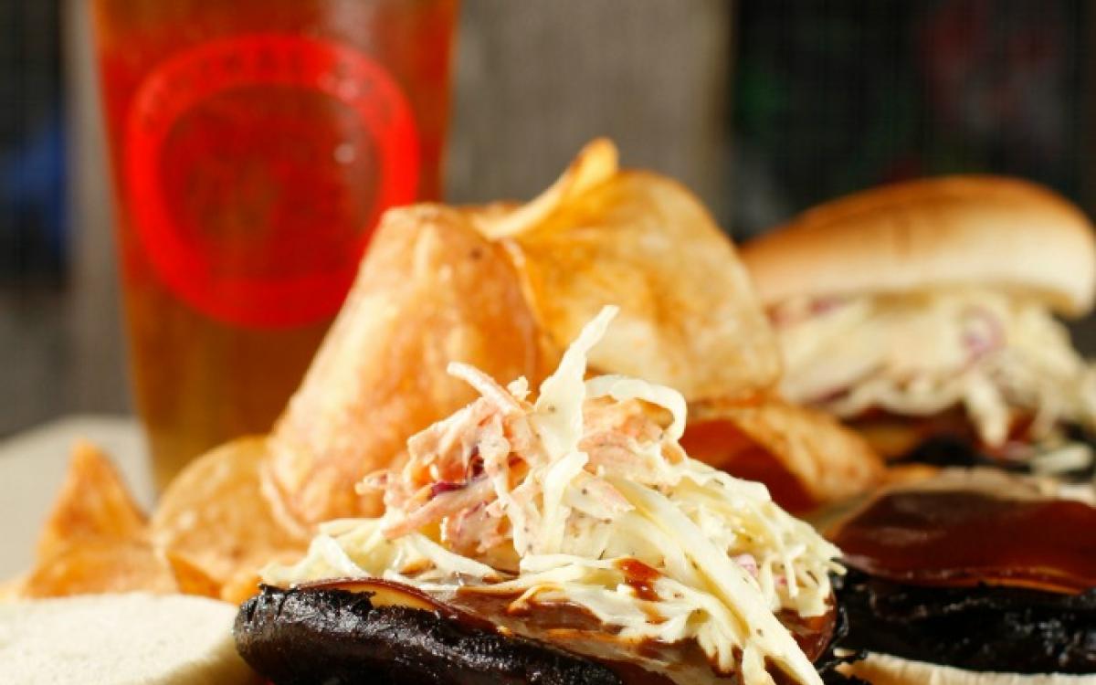 Portabella BBQ Sandwich and beer from Central BBQ. Photo Credit: Justin Fox Burks