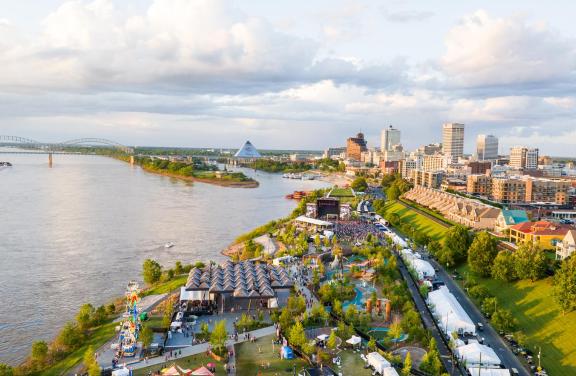 Aerial view of Tom Lee Park, downtown Memphis and the Mississippi River