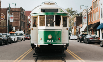 green trolley goes down middle of south main