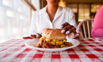 A close-up shot of a pulled pork sandwich at Payne's Bar-B-Q in Memphis